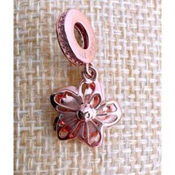 Rose Gold Plated Cherry Blossom Dangle Charm Fits Pandora Charm Bracelets - Picture 5 of 5